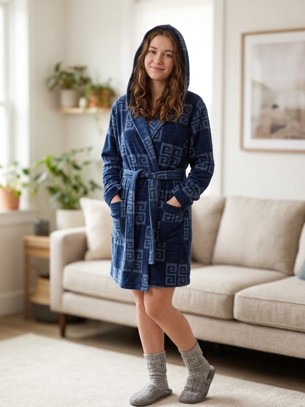 Plush Hooded Short Robe in Navy Blue
